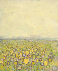 Abstract painting of September Sunflowers with mountains in background